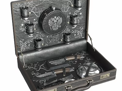 Black Leather Case Decorative Ornament Set With Carved Patterns Metal Cups And Knives 3d model