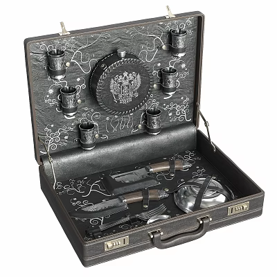 Black Leather Case Decorative Ornament Set With Carved Patterns Metal Cups And Knives 3d model