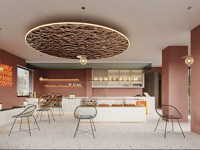 Honny Room Dessert Shop Interior With Coral Walls Circular Textured Pendant Light And Modern Chairs 3d model