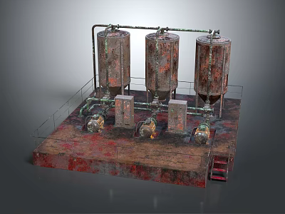 Rustic Industrial Equipment Setup With Three Storage Tanks Pipes And Metal Platform 3d model