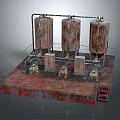 Rustic Industrial Equipment Setup With Three Storage Tanks Pipes And Metal Platform
