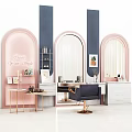 Modern Beauty Salon Interior With Pink Arched Mirrors And Styling Stations