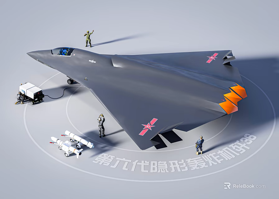 Ninth Generation Stealth Fighter Jet With Gray Body Pink Markings And Ground Personnel 3d model 