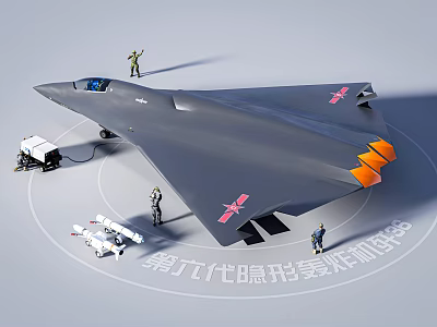 Ninth Generation Stealth Fighter Jet With Gray Body Pink Markings And Ground Personnel 3d model