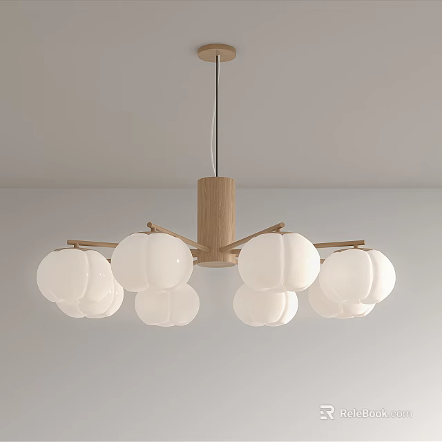 Modern Wooden Frame Chandelier with Multiple White Glass Shades and Minimalist Design 3d model 