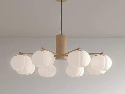 Modern Wooden Frame Chandelier with Multiple White Glass Shades and Minimalist Design 3d model
