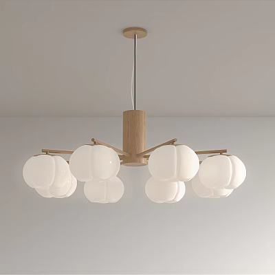 Modern Wooden Frame Chandelier with Multiple White Glass Shades and Minimalist Design 3d model