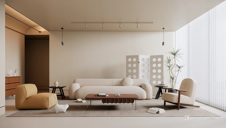 Modern Living Room Interior With Beige Sofa Brown Coffee Table And Yellow Armchair 3d model 