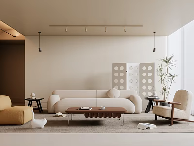 Modern Living Room Interior With Beige Sofa Brown Coffee Table And Yellow Armchair 3d model