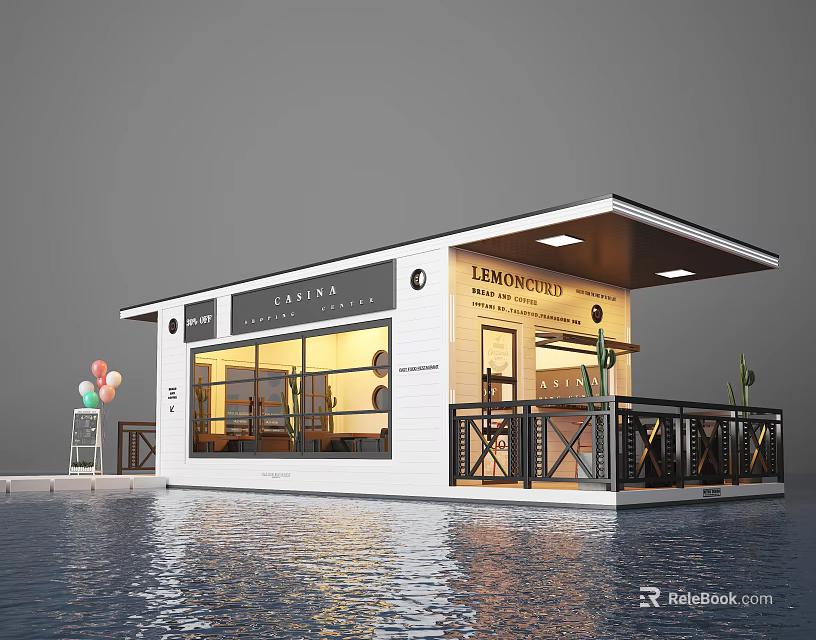 Waterfront Lemon Tea Cabin Exterior With Balcony And Warm Lighting 3d model 