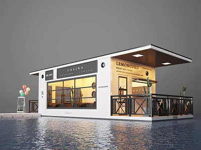 Waterfront Lemon Tea Cabin Exterior With Balcony And Warm Lighting 3d model