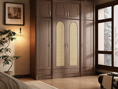 Traditional Wooden Wardrobe With Lattice Door Design In Bedroom Interior With Natural Light 3d model
