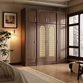Traditional Wooden Wardrobe With Lattice Door Design In Bedroom Interior With Natural Light