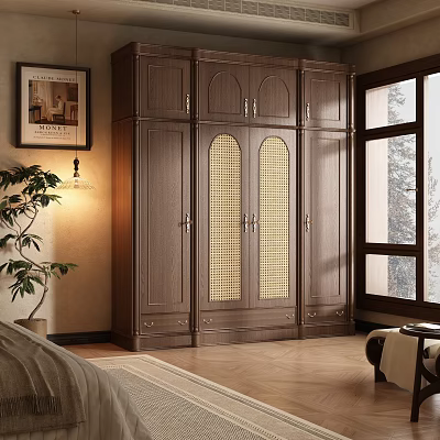 Traditional Wooden Wardrobe With Lattice Door Design In Bedroom Interior With Natural Light 3d model
