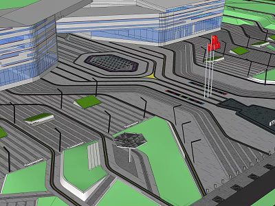 Modern Transportation Hub Design With Roads Green Belts And Surrounding Buildings 3d model