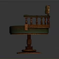 Vintage Wooden Armchair with Round Green Cushion Decorative Railings and Circular Base