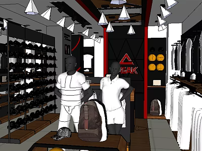 Sporty Clothing Store Interior With Mannequins White Clothes Shoes And Yellow Balls 3d model