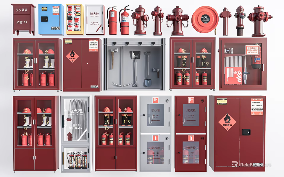 Comprehensive Fire Safety Equipment Assortment Featuring Extinguishers Hydrants Cabinets and Hoses 3d model