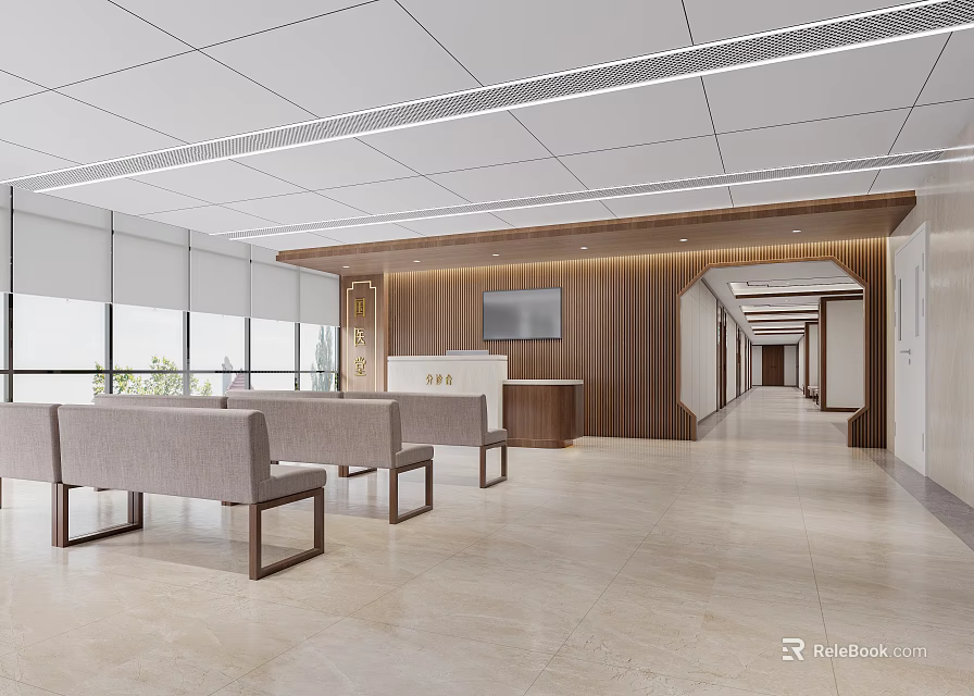 Modern Hospital Outpatient Clinic Waiting Area With Seating Reception And Natural Light 3d model 