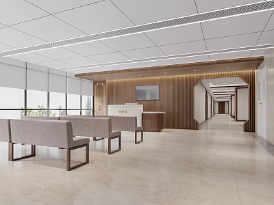 Modern Hospital Outpatient Clinic Waiting Area With Seating Reception And Natural Light 3d model
