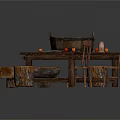 Rustic Wooden Dining Table With Bench Chairs Stump Stools Tablecloth Bowl And Fruits