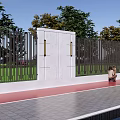White Scenic Wall With Black Vertical Fences Green Trees People Riding Scooter And Pool Reflection