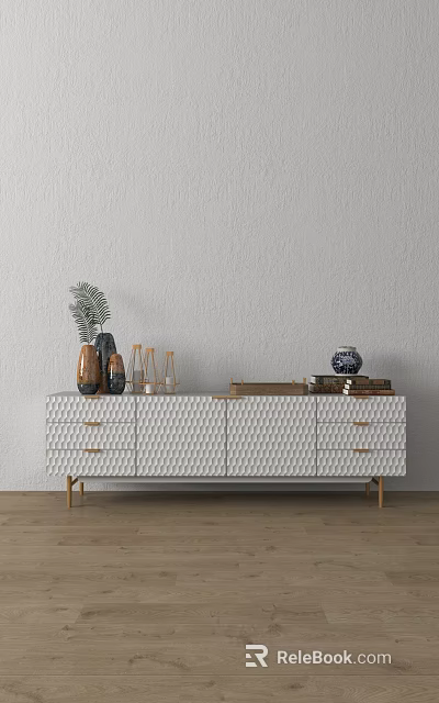 Modern TV Stand With Textured Drawers Golden Legs Palm Leaf And Books 3d model 