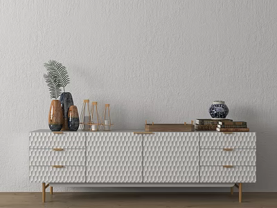 Modern TV Stand With Textured Drawers Golden Legs Palm Leaf And Books 3d model