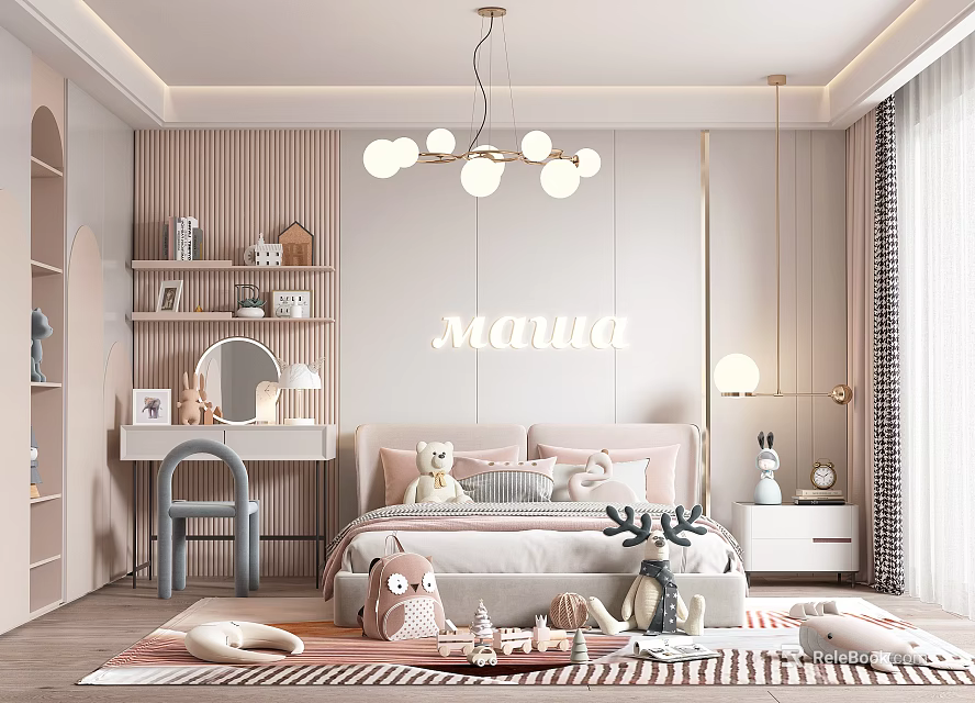 Cozy Modern Kids Bedroom With Soft Tones Stuffed Toys And Furniture 3d model 