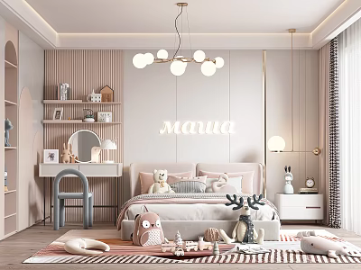 Cozy Modern Kids Bedroom With Soft Tones Stuffed Toys And Furniture 3d model