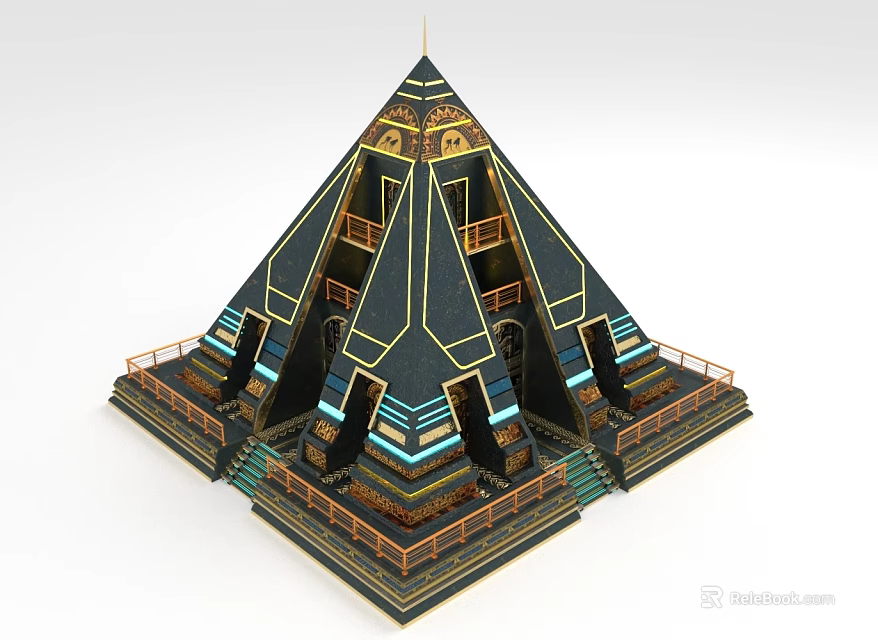 Ornate Pyramid Shaped Decorative Ornament Set With Gold Blue Accents And Multi layered Structure 3d model 