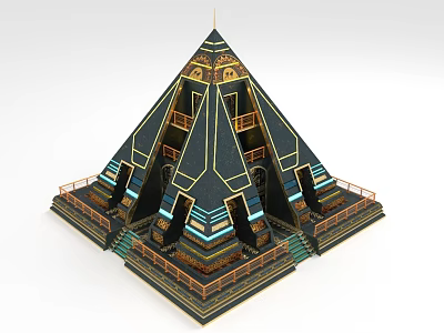 Ornate Pyramid Shaped Decorative Ornament Set With Gold Blue Accents And Multi layered Structure 3d model
