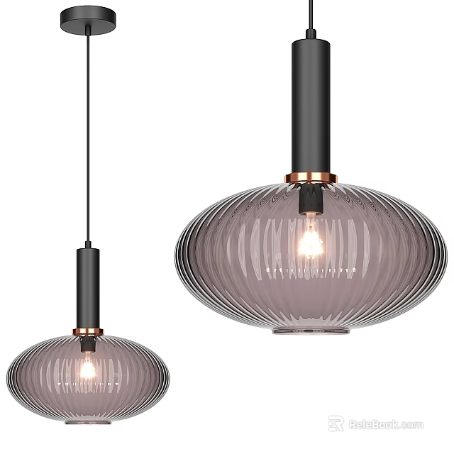 Modern Ribbed Glass Pendant Lights With Black Metal Frame And Copper Accents 3d model 