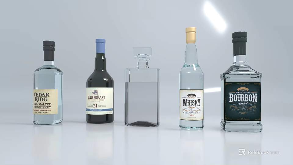 Various Wine Bottles and Glasses With Whiskey Bourbon Rum on White Surface 3d model 