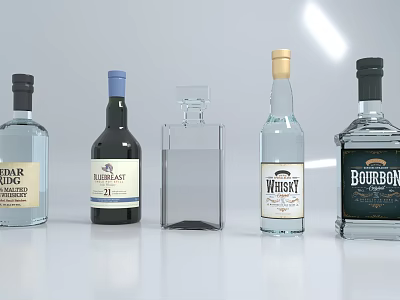 Various Wine Bottles and Glasses With Whiskey Bourbon Rum on White Surface 3d model