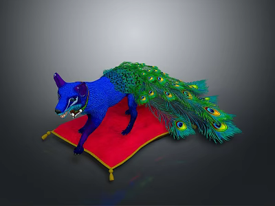 Blue Fox Sculpture With Peacock Feather Tail On Red Cushion 3d model