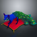 Blue Fox Sculpture With Peacock Feather Tail On Red Cushion