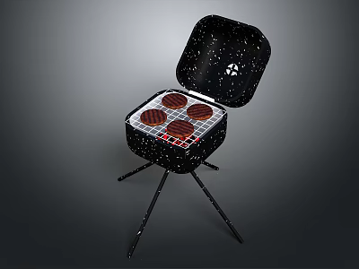 Black Star Patterned Portable Baking Oven With Open Lid Four Round Trays On Tripod Stand 3d model