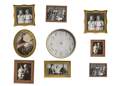 Vintage Photo Wall With Multiple Framed Photos Various Shapes And Central Clock 3d model
