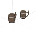 Two Wooden Barrel Shaped Mugs With Wood Grain And White Stripe Handles