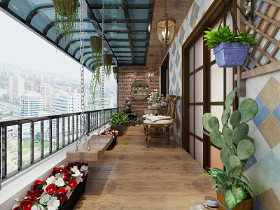 Cozy Villa Balcony with Glass Roof Hanging Plants Wooden Floor Iron Railings and City View 3d model