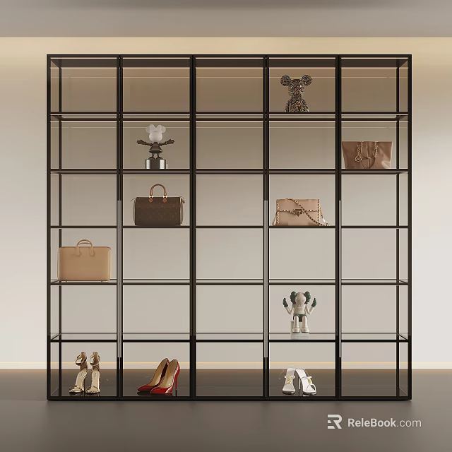 Modern Glass Display Cabinet With Multiple Shelves Handbags Shoes And Decorative Items 3d model 