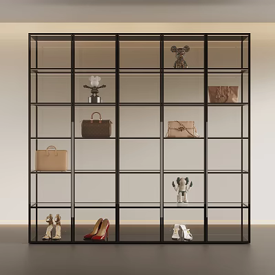 Modern Glass Display Cabinet With Multiple Shelves Handbags Shoes And Decorative Items 3d model