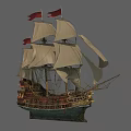 Vintage Wooden Sailing Ship With Red Flags And White Sails On Gray Background