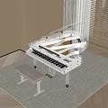 Transparent White Grand Piano Musical Instrument with Clear Lid and White Bench on Gray Carpet