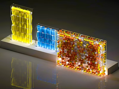 Modern Decorative Transparent Containers With Colorful Balls And Lighting Effects On White Base With Reflections 3d model