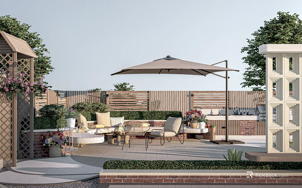 Modern Patio Garden with Outdoor Sofa Table Large Umbrella Green Plants Brick Wall Wooden Fence 3d model 