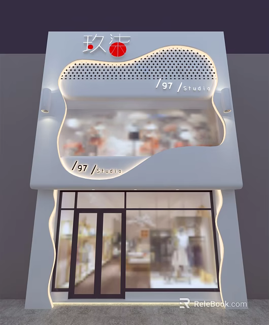 Modern 97 Studio Storefront Design With Illuminated Facade Glass Doors And Interior View 3d model 