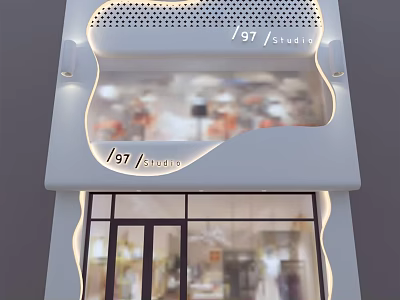 Modern 97 Studio Storefront Design With Illuminated Facade Glass Doors And Interior View 3d model
