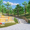 Scenic Park Landscape with Stone Steps Wooden Railings Signboard Green Grass and Lush Pine Trees